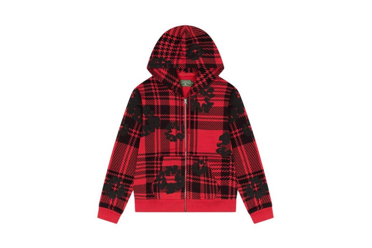 Denim Tears Plaid Cotton Wreath Zip Hoodie Red