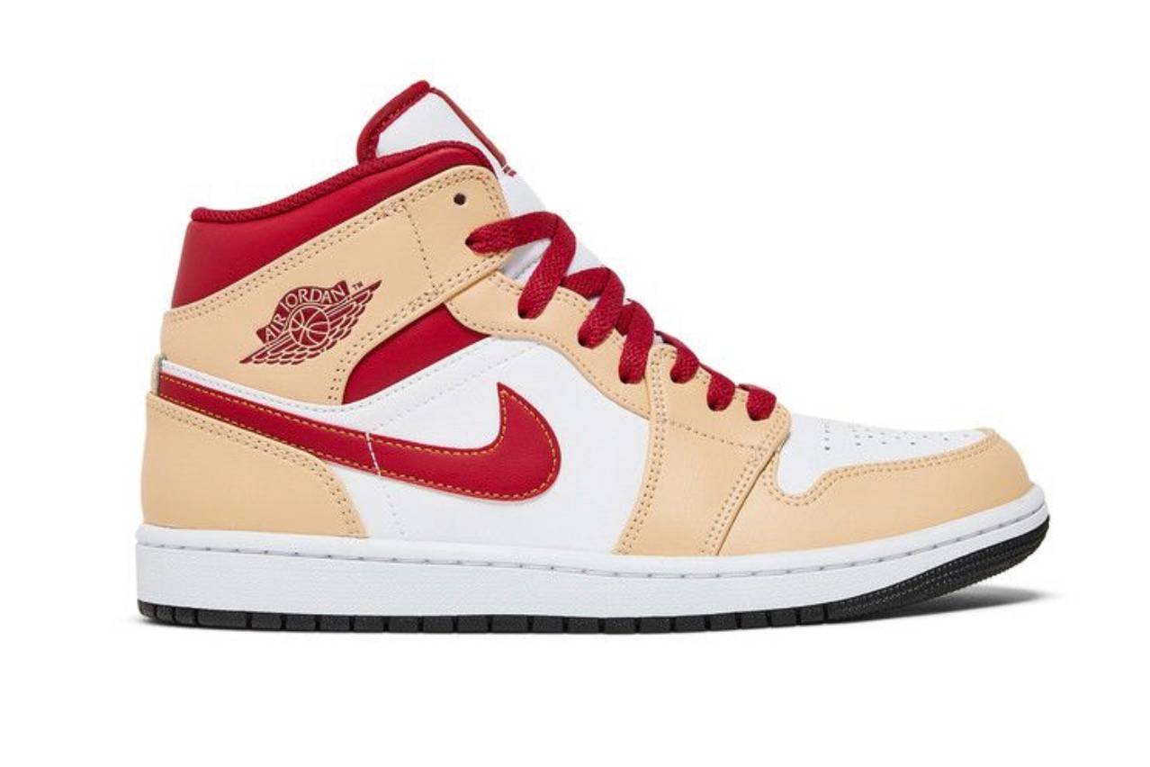 Jordan 1 Mid Light Curry Cardinal