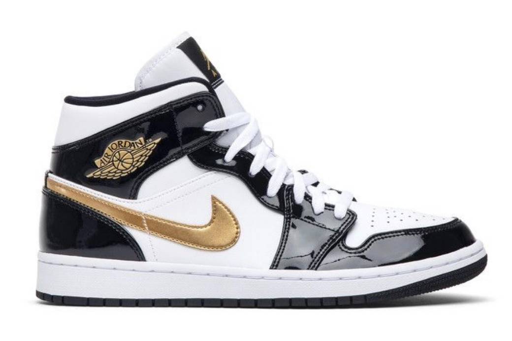 Jordan 1 Mid Patent Black White Gold