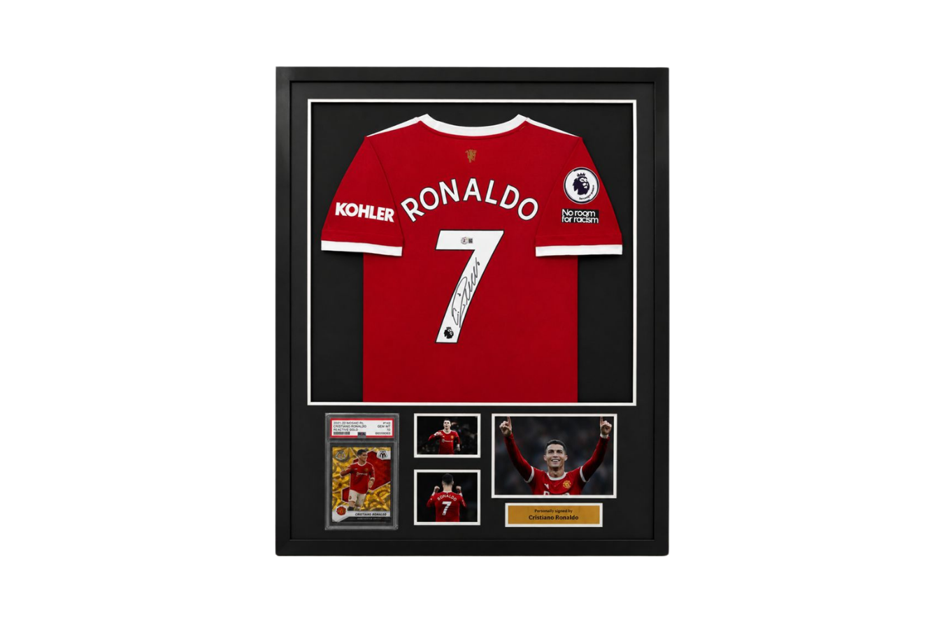 Adidas Manchester United Cristiano Ronaldo Signed Jersey Beckett Authenticated Framed with 2021-22 Mosaic Christiano Ronaldo Reactive Gold PSA 10